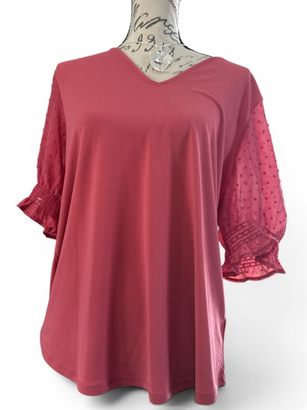Adrianna Papell Women's Salmon Color Swiss Dot Sleeve V-Neck Top. Sz XL - Picture 2 of 4